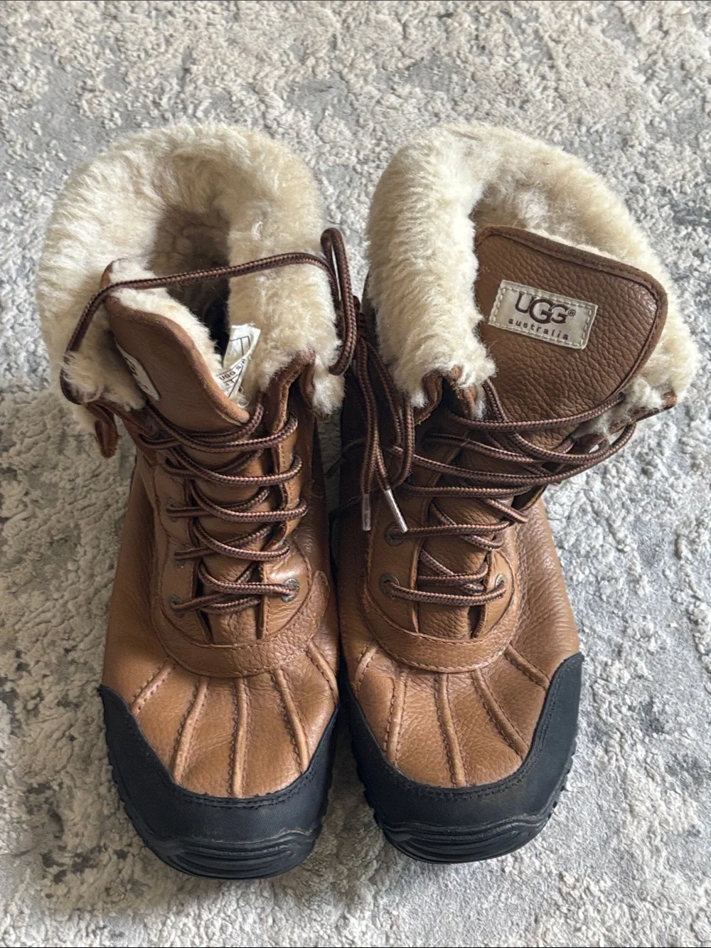 UGG Men's Brown Leather Shearling-Lined Snow Boots with Black Outsole